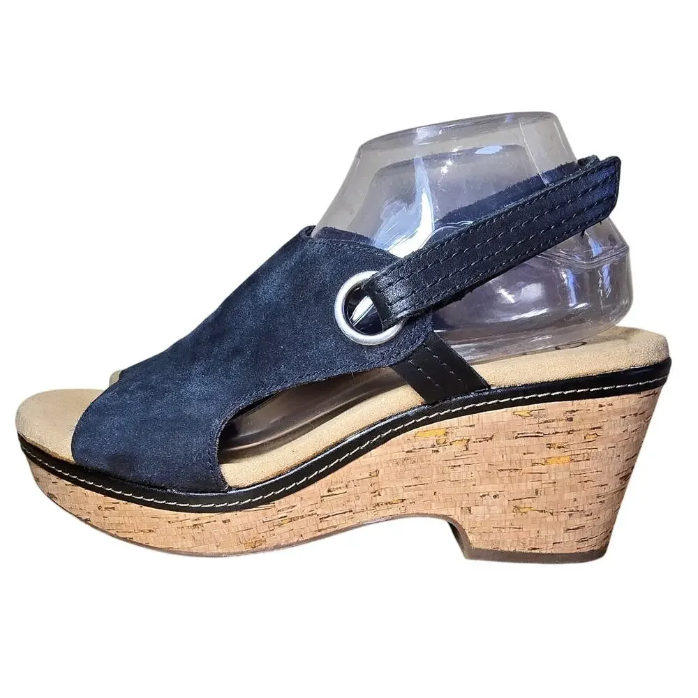Clarks Women's Giselle Sea Nubuck Suede Wedge Sandals Cork Black 7.5 W Excellent